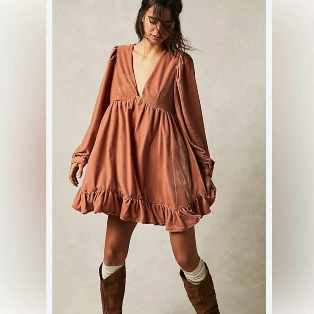 Free People Long Sleeve Dress in Rust